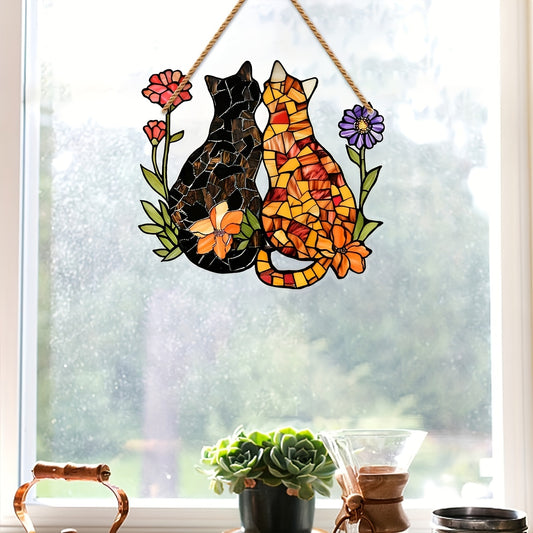 2D Acrylic Cat and Flowers Stained Window Hanging Suncatcher